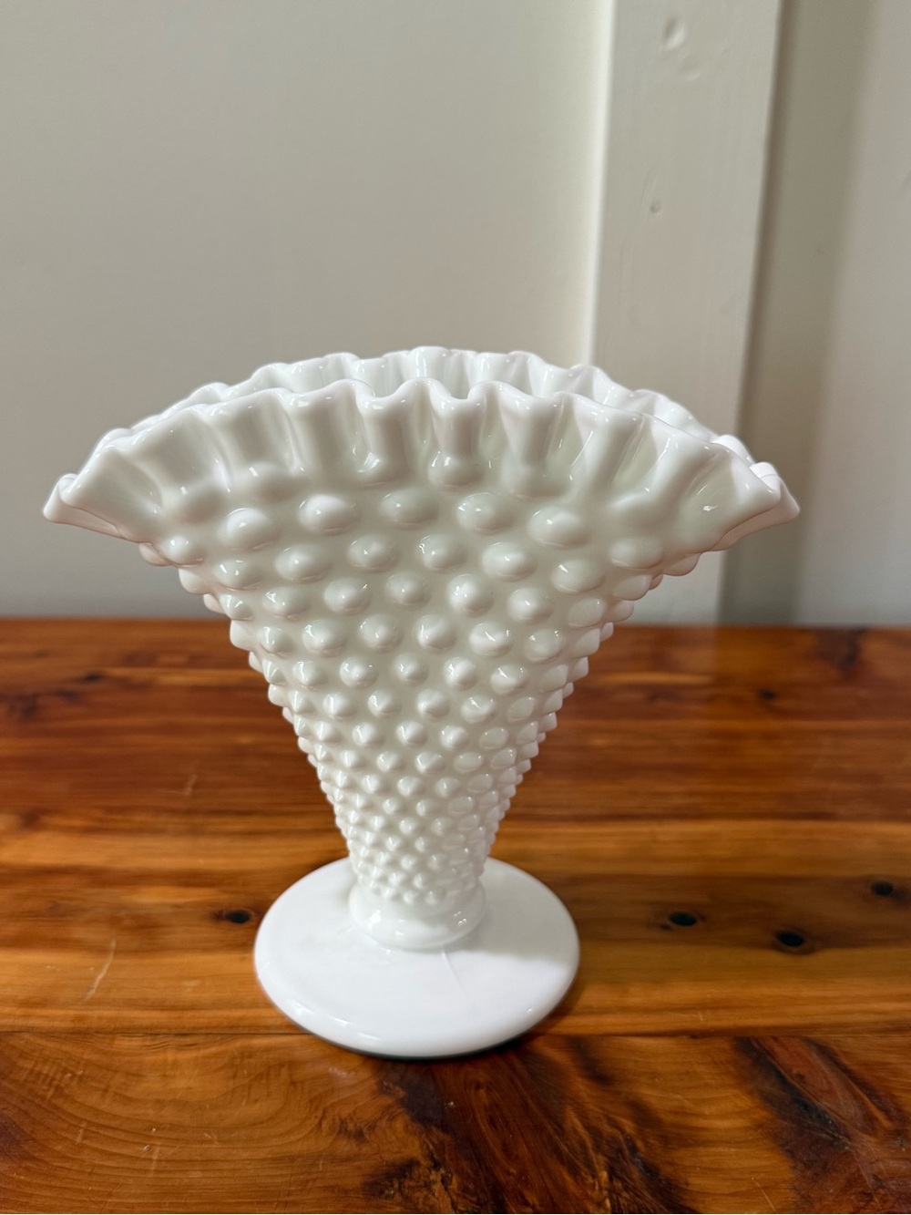 Vintage Hobnail Milk Glass Ruffled Edge Fan Footed Vase